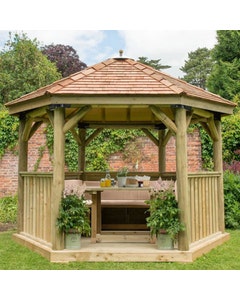 Forest Garden Premium 3.6m Hexagonal Wooden Garden Gazebo With Cedar Roof (Furnished) - Cream