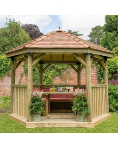 Forest Garden Premium 3.6m Hexagonal Wooden Garden Gazebo With Cedar Roof (Furnished) - Terracotta