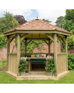 Forest Garden Premium 3.6m Hexagonal Wooden Garden Gazebo With Cedar Roof (Furnished) - Green