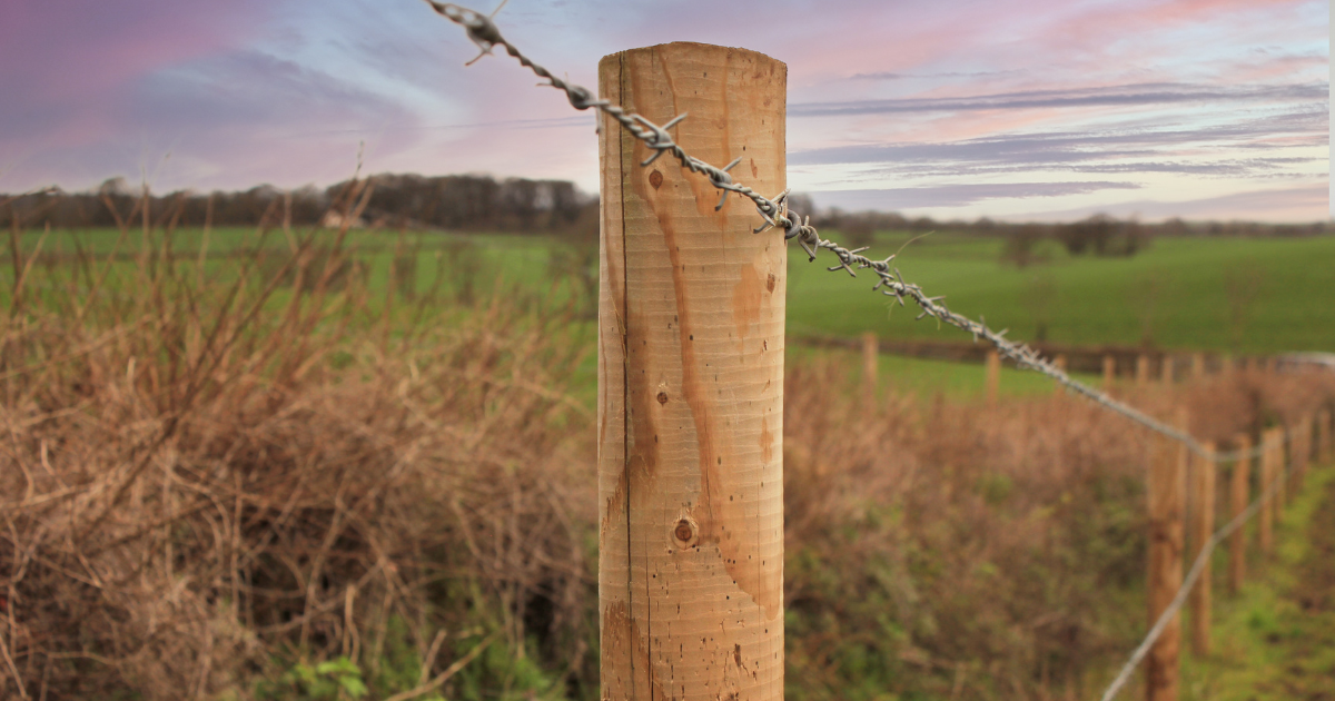 a round fence post with barbed wire in a field